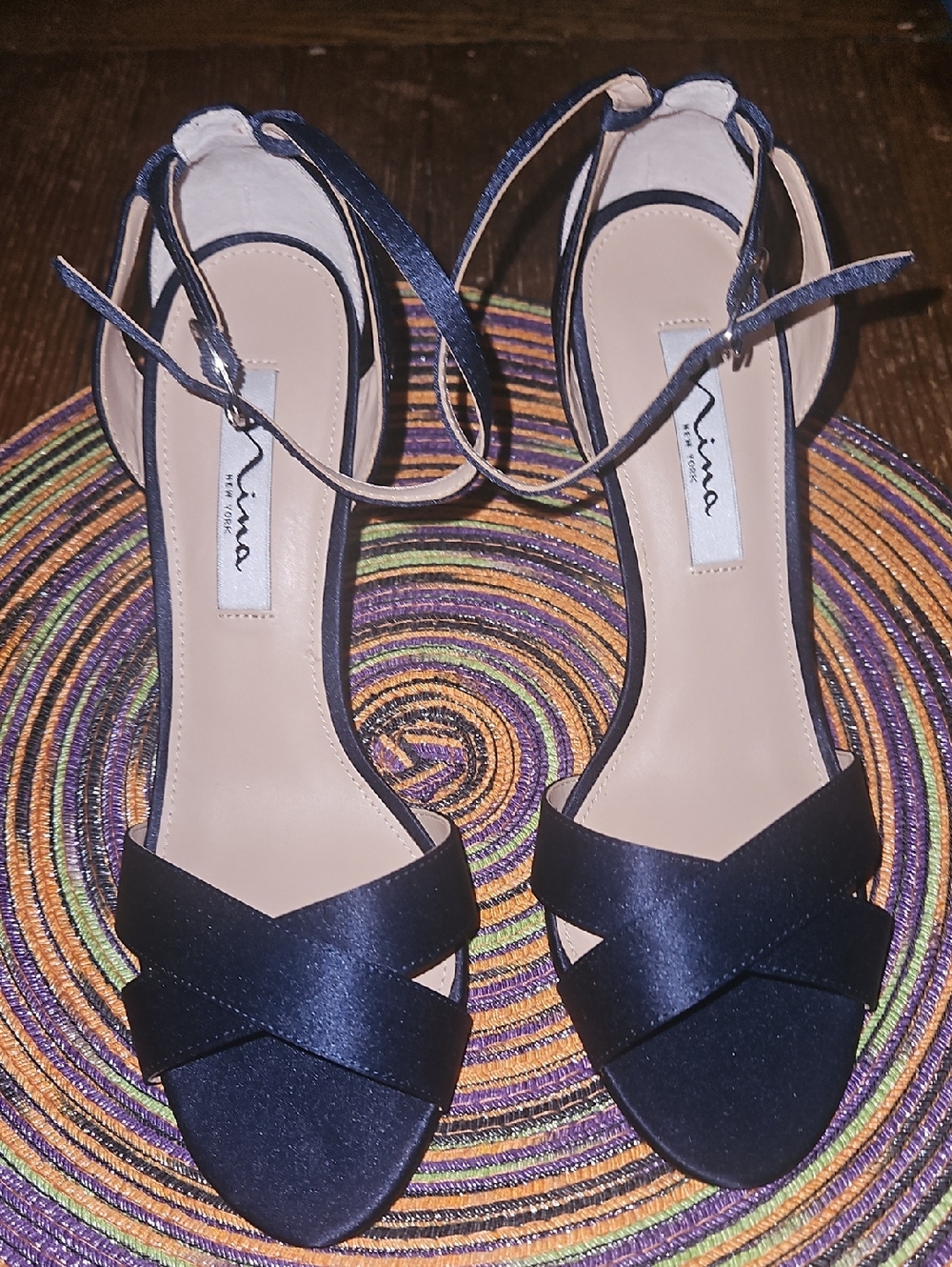 Nina Navy Satin Crisscross Ankle-Strap Heels
